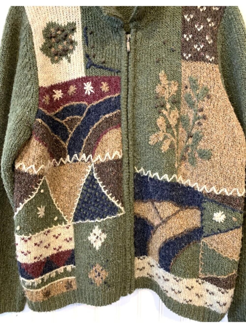 Croft & Barrow XL Wool Blend Zip Cardigan Sweater Patchwork Cottagecore Artsy - Picture 2 of 5